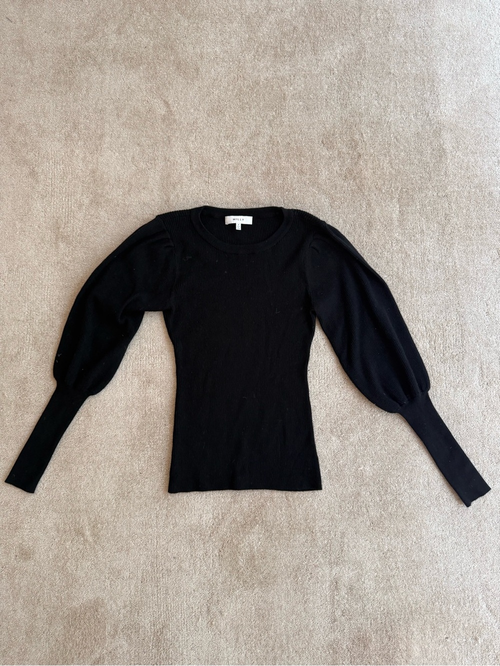Milly Black Puff-Sleeve Ribbed Long Sleeve Top